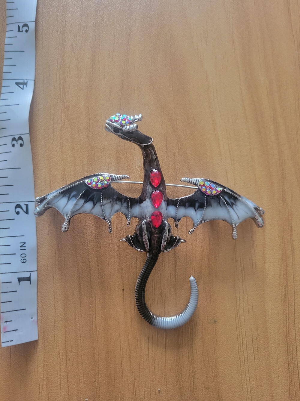 🧋NEW🧋Gothic Dragon Brooch in Black, Silver & Red Rhinestones